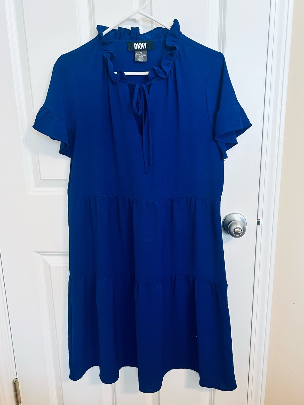 DKNY Cobalt Blue Ruffle Tie-Neck Tiered Dress